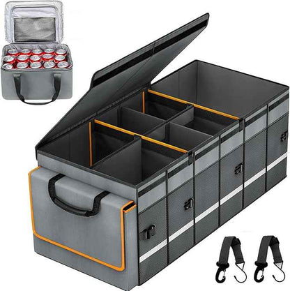 Car Trunk Organizer and Storage with Removable Leakproof Cooler Bag, 6 Removable Dividers for Custom Space, Collapsible Trunk Storage with Non Slip Bottom, Foldable Cover for SUV, Jeep, MPVs