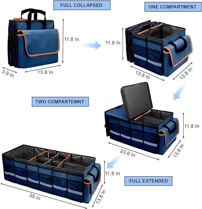 Car Trunk Organizer and Storage with Removable Leakproof Cooler Bag, 6 Removable Dividers for Custom Space, Collapsible Trunk Storage with Non Slip Bottom, Foldable Cover for SUV, Jeep, MPVs