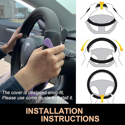 PINCTROT Comfy Grip Steering Wheel Cover for Tesla Model Y/3 2016-2025 2026 Standard/Highland/Juniper, D Shaped 14 Inch Small Sized, Flat Bottom with 3D Honeycomb Anti-Slip Design (Comfy Grip Purple)