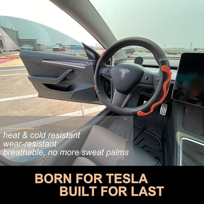PINCTROT Comfy Grip Steering Wheel Cover for Tesla Model Y/3 2016-2025 2026 Standard/Highland/Juniper, D Shaped 14 Inch Small Sized, Flat Bottom with 3D Honeycomb Anti-Slip Design (Comfy Grip Orange)