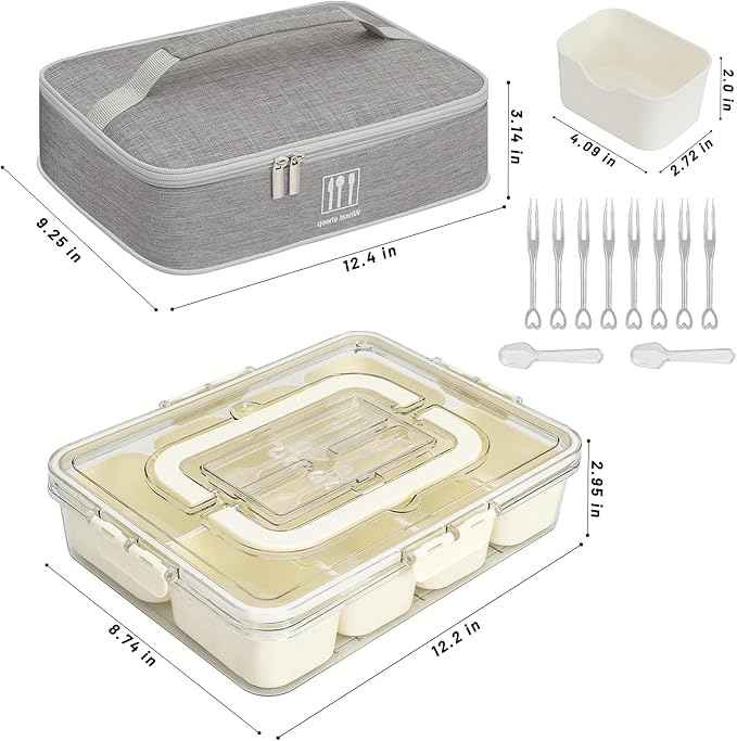 Snack Box Container with Insulated Cooler Bag, Divided Serving Tray with Lid and Handle Beach Essentials, Snackle Box Veggie Fruit Tray with 8 Compartments & 8 Forks & 2 Spoon