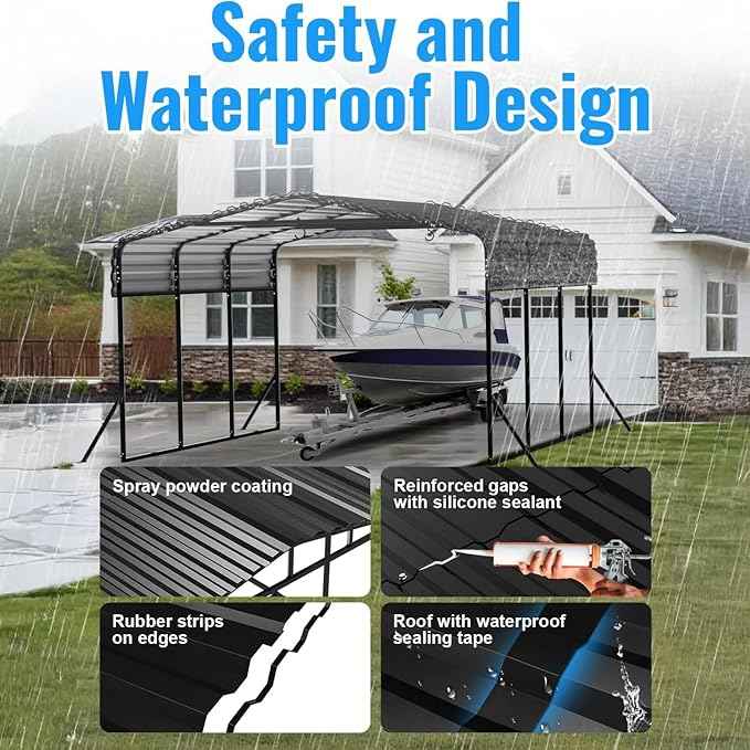 10x15FT Metal Carport, Heavy Duty Carport with Reinforced Frame & Side Support Poles for All-Weather, Outdoor Car Port Suitable for Parking Pickup, Boat, Car, and Tractor