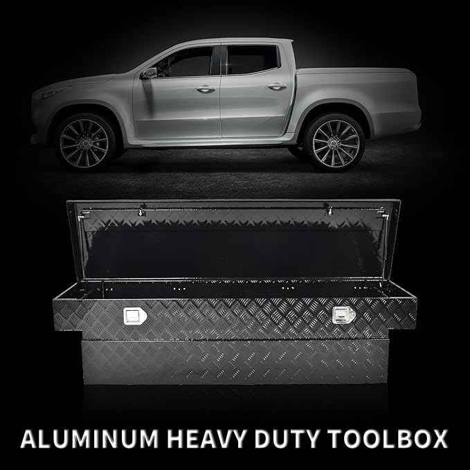 69 Inch Black Heavy Duty Aluminum Tool Box Wide Utility Trailer Stripes Plated 5 Bar Tread for Pick Up Truck Bed RV ATV Organizer Trailer Storage ToolBox w/Lock and Keys (69"X20"X17.5")