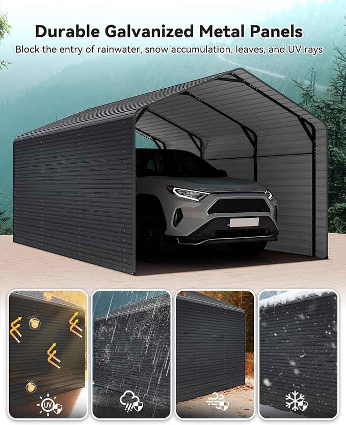 Heavy Duty Metal Carport, 10x15FT Outdoor Carport Canopy with Galvanized Steel Roof and Reinforced Base,Metal Side Panels,Sidewalls,Garage Shelter Shade for Cars,Trucks, Boats, Gray
