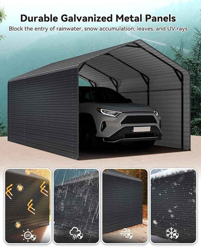 Heavy Duty Metal Carport, 10x15FT Outdoor Carport Canopy with Galvanized Steel Roof and Reinforced Base,Metal Side Panels,Sidewalls,Garage Shelter Shade for Cars,Trucks, Boats, Gray