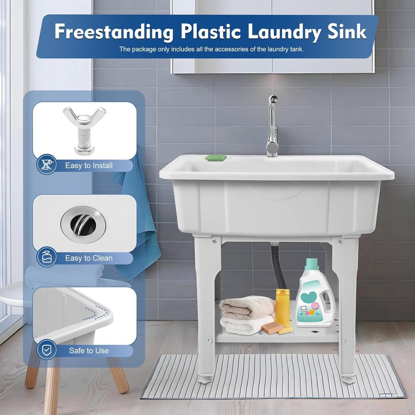 Freestanding Utility Sink Plastic Wash Station with Storage Shelf Indoor/Outdoor for Bathroom & Laundry (Gray, 25.6*21.65*31.5in)