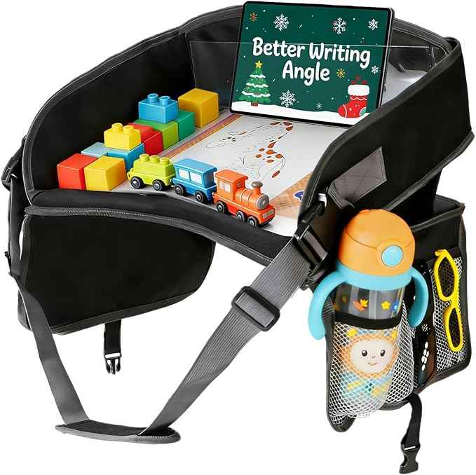Kids Travel Tray for Car Lap Desk for Kids Ergonomic Elevated Angle Car Seat Tray with Cup Holder Storage Pockets Ideal Travel Essentials for Long Trips