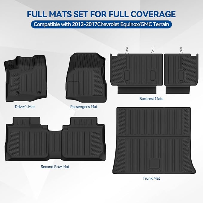 Custom Fit Floor Mats for 2012-2017 Chevrolet Equinox/GMC Terrain, All Weather TPE Floor Liners with Trunk Mat & Backrest Protectors, Odorless Full Set Interior Accessories