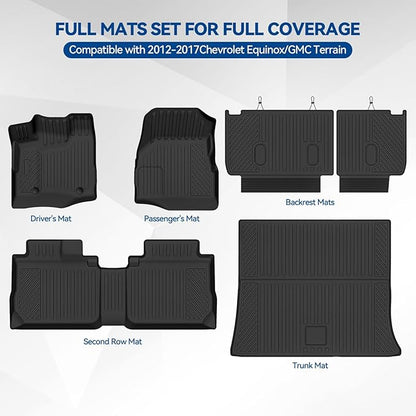Custom Fit Floor Mats for 2012-2017 Chevrolet Equinox/GMC Terrain, All Weather TPE Floor Liners with Trunk Mat & Backrest Protectors, Odorless Full Set Interior Accessories
