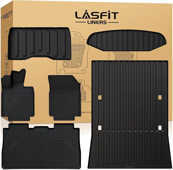 LASFIT Premium Extra Thick Floor Mats & Bed Mat for Tesla Cybertruck 2025/2024/2023 Custom Fit TPE All Weather 1st & 2nd Row Car Accessories Full Set Front Rear Cargo Trunk Liners, 6PCS Black