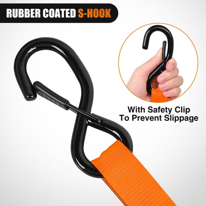 Nilight Ratchet Tie Down Straps 4500Lbs Max Break Strength 1”×15’ Heavy Duty Motorcycle Straps with S Hooks Rubber Handle and 1” ×12’ Soft Loop for UTV Motorcycle Moving Securing Cargo (Orange 4 Pack)
