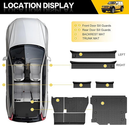 Cargo Mats with Door Sill Guards for 2018-2025 Jeep Wrangler JL Unlimited 4X4 Accessories All Weather Rear Seat Back Cover Trunk Liner Door Sill Protector for JL JLU Gas Type 4 Door(Not 4XE)