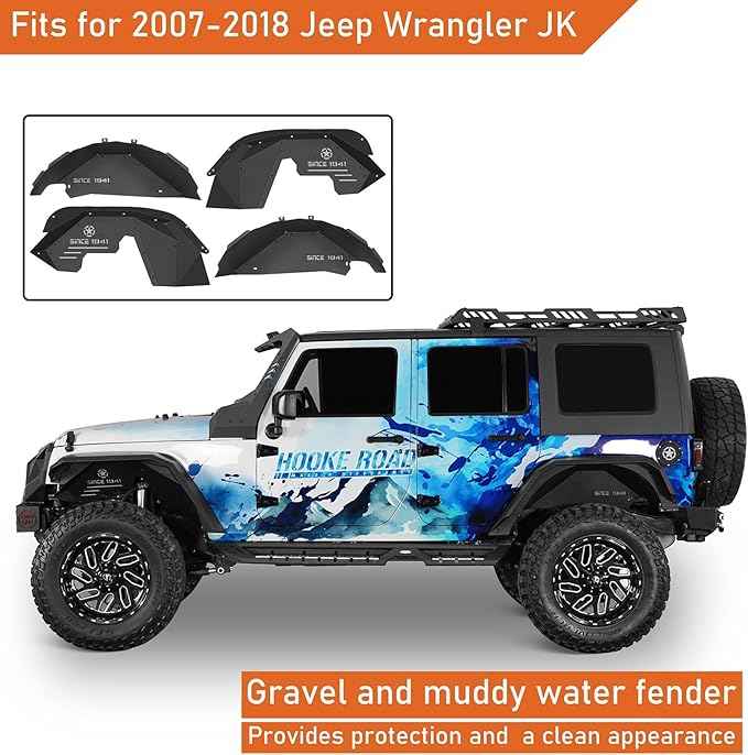 Hooke Road Wrangler JK Aluminum Inner Fender Liners for 2007-2018 Jeep Wrangler JK 2/4 Doors, Offroad Wheel Well Liner Cover - 4PCS Front & Rear Fender Liner Set