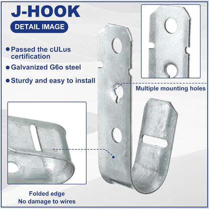 Gisafai 100 Pcs Cable Support J-Hook, 3/4 Inch Metal Garage Hooks for Hanging, Heavy Duty Network for Cable and Wire Management Wall Attaching J Utility, G60 Galvanized Steel, Silver
