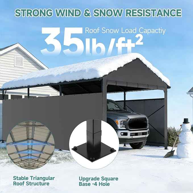 Redlife 11x21 FT Metal Carport, Heavy Duty Steel Frame Garage Shelter with Sloped Metal Roof, 3-Layer 201D Oxford Fabric Sidewalls, UV & Snow Resistant Outdoor Car Canopy for Cars, Trucks & Boats