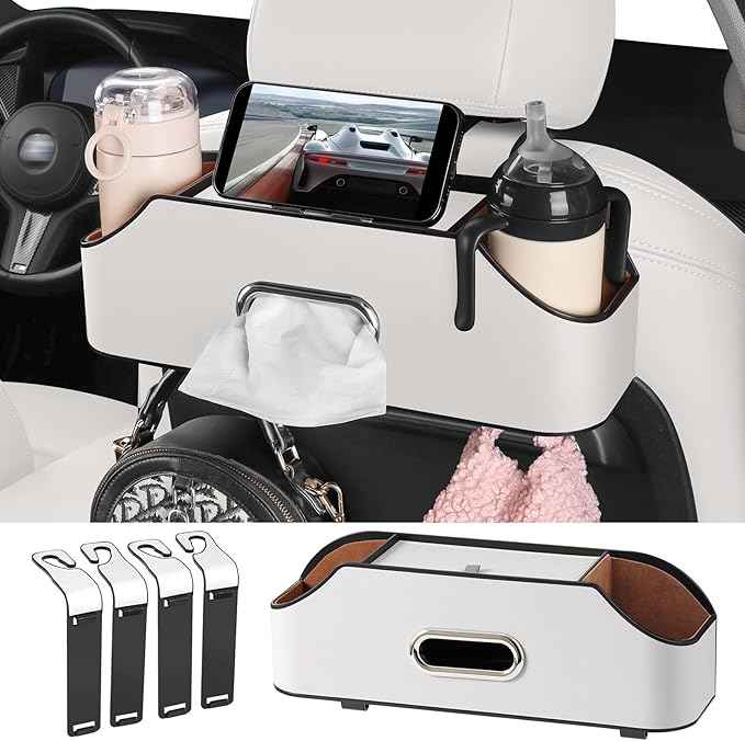 Car Rear Backseat Extra Multifunctional Drink Cup Holder Organizers With Tissue Storage Box Organizer & Hooks For Car Seat Back. White