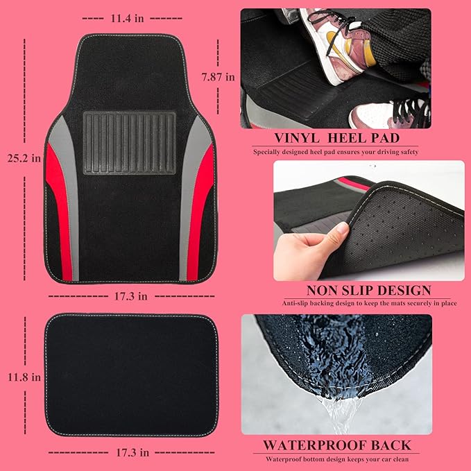 CAR PASS Line Rider Sporty Car Seat Covers Full Set with 4Pcs Waterproof Car Floor Mats Universal Fit Airbag Compatible Automotive Interior Covers for Sedans, Trucks,Vans,SUV (Combo Set, Black & Red)