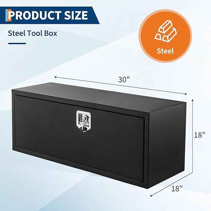 Black Steel Truck Bed Tool Box, Powder Coated Storage Chest, Weatherproof Trailer ToolBox Storage Organizer for Pickup, Truck Bed, RV, Trailer (30 * 18 * 18 - Black)