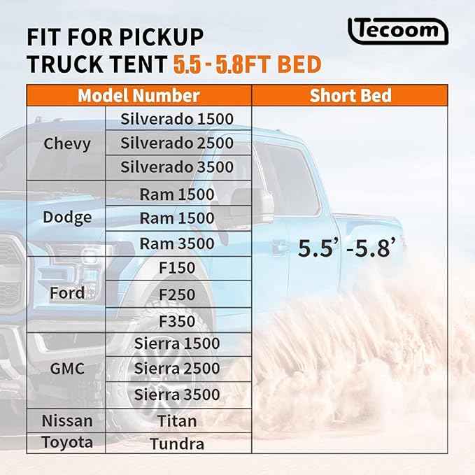 Tecoom Truck Bed Tent, Double Layer Waterproof PU3000mm for 5.5-6.7ft, Portable 2/3 Person Compact Full Size Pickup with Rain Fly for Back of Camping Beach