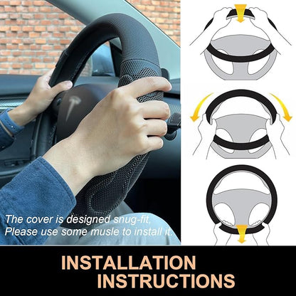PINCTROT Comfy Grip Steering Wheel Cover for Tesla Model Y/3 2016-2025 2026 Standard/Highland/Juniper, D Shaped 14 Inch Small Sized, Flat Bottom with 3D Honeycomb Anti-Slip Design (Comfy Grip Black)