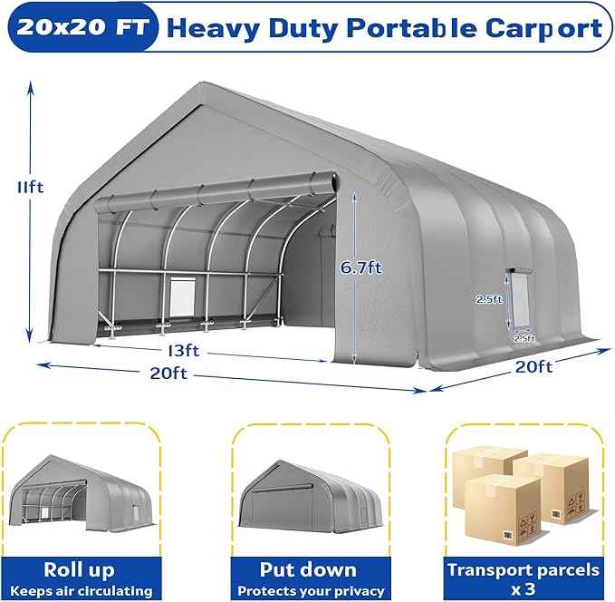 EROMMY 20x20 FT Heavy Duty Durable Carport, Silver Gray, Galvanized Steel Frame Garage Shelter and Outdoor Storage, Waterproof 3-Layer PE Cover, Fits 2 Cars, Boat, Farm Equipment