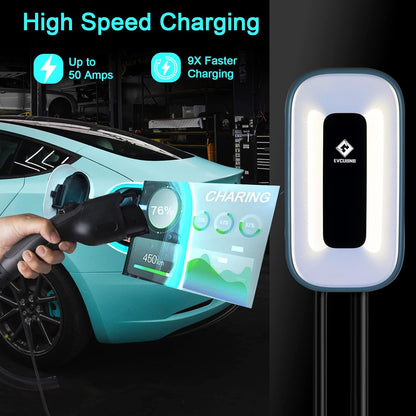 EV Charger Level 2，50 Amp Charge Station, 240V,Indoor/Outdoor EVSE, 25Ft Cable Level 2 ev Charger, 2.4GWiFi/APP/RFID Card (NEMA14-50 Plug or Hardwired)