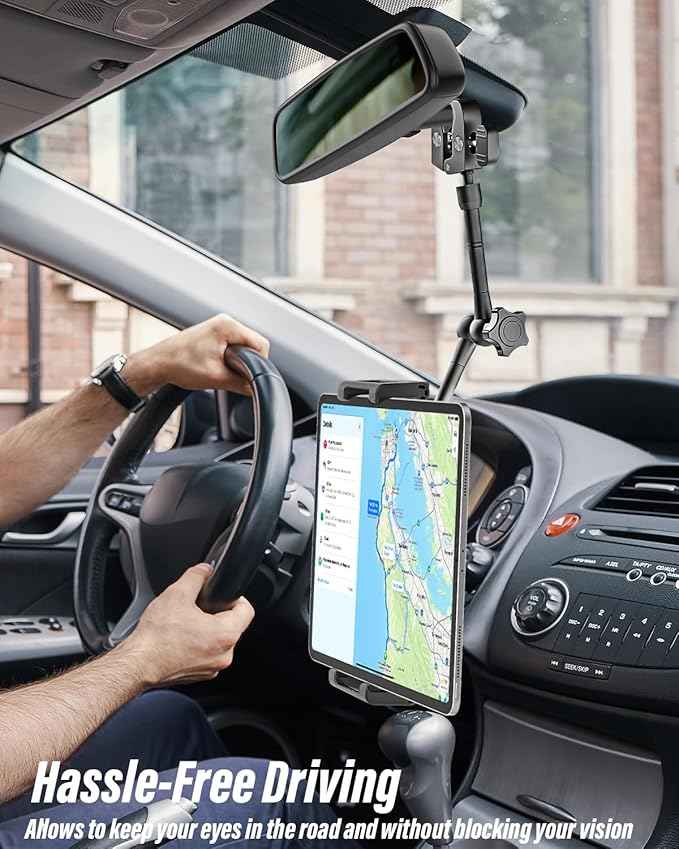 woleyi Car Rearview Mirror Tablet Holder Clip - [Metal Arm] Rear View Mirror Tablet Mount for Car Accessories with 360 Rotatable and Retractable for iPad Pro 13 Air Mini, Galaxy, Fire, 6-15.6" Devices