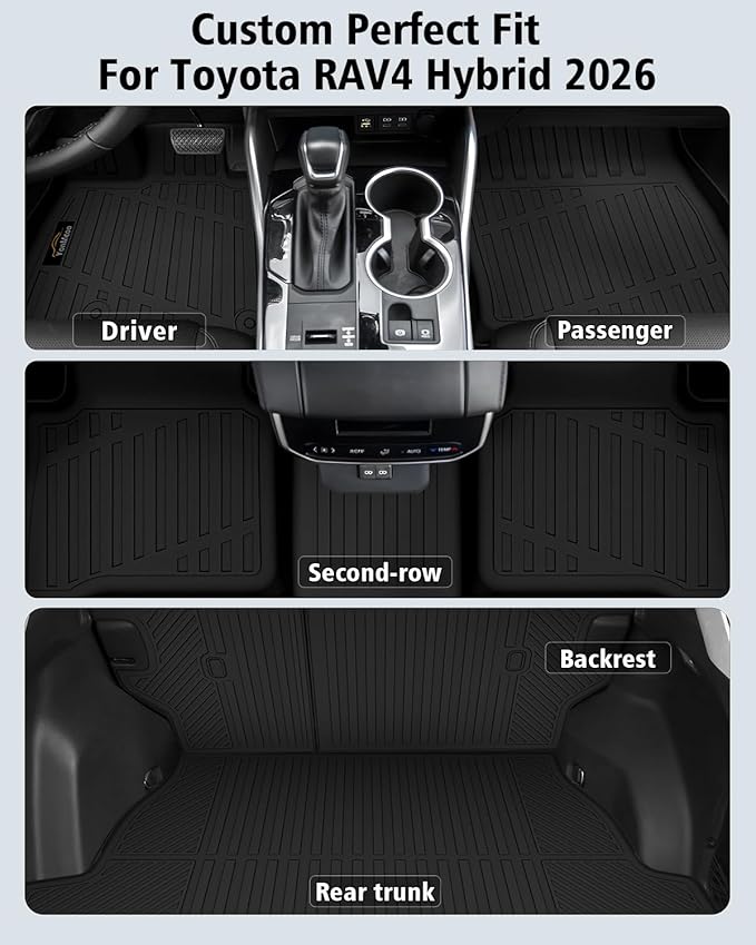 Floor Mats Custom for Toyota RAV4 Hybrid 2026 (Not for Cargo Area with Subwoofer) (Not for Phev) Trunk Mat with Backrest Mat All Weather TPE Full Set Cargo Liners for RAV-4 2026 Accessories, Black
