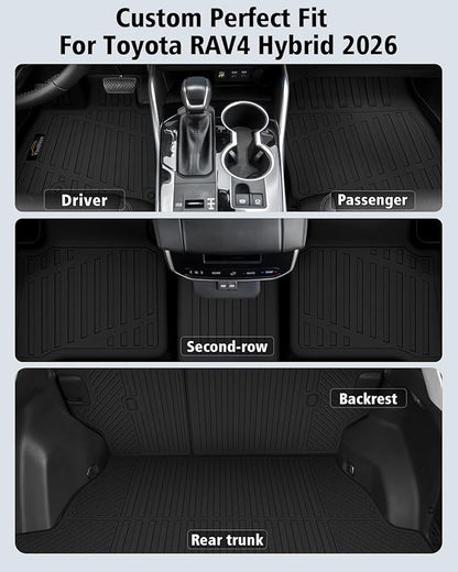 Floor Mats Custom for Toyota RAV4 Hybrid 2026 (Not for Cargo Area with Subwoofer) (Not for Phev) Trunk Mat with Backrest Mat All Weather TPE Full Set Cargo Liners for RAV-4 2026 Accessories, Black