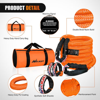 Nilight Kinetic Recovery Tow Rope Kit with 2 Soft Shackle 1" x 30ft Heavy Duty Offroad Tow Rope Snatch Strap Towing Strap kit (33,000LBS) for UTV ATV SUV Truck Car Jeep Tractor