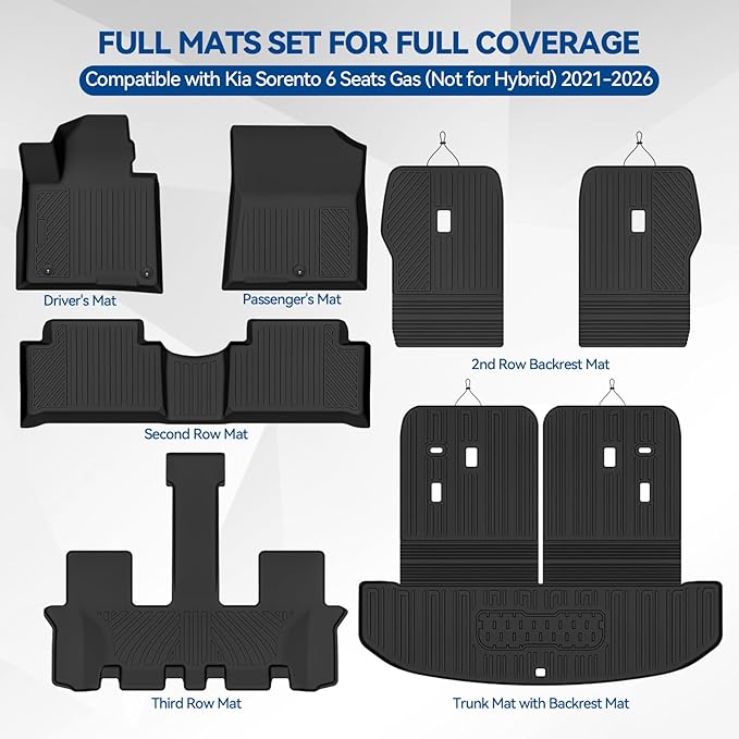 Custom Fit Floor Mats for Kia Sorento 6 Seats/Captain Seat Gas (Not for Hybrid) 2021-2026, All Weather TPE Floor Liners & Trunk Mat & Backrest Protectors, Odorless Full Set Interior Accessories