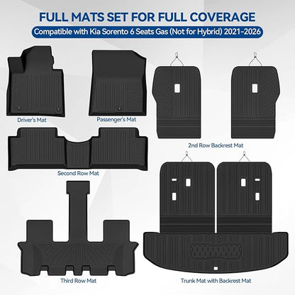 Custom Fit Floor Mats for Kia Sorento 6 Seats/Captain Seat Gas (Not for Hybrid) 2021-2026, All Weather TPE Floor Liners & Trunk Mat & Backrest Protectors, Odorless Full Set Interior Accessories