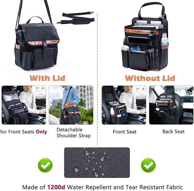 Car Seat Organizer with Laptop Compartment (Fits 15.6"), Front & Backseat Passenger Organizer with Adjustable Strap, Multiple Pockets, Portable Office Bag, Water-Resistant 1200D Polyester