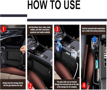 2 Pack Car Seat Gap Filler Organizer for Tesla Model Y 2020-2025, Leather Storage Box for Front Seat with Cup Holder Phone, Keys, Sunglasses, Cards Car Accessories, Brown