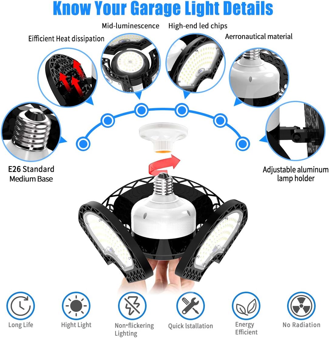 LED Garage Light 80W Deformable LED Ceiling Lights 12000 Lumens Led Shop Lights for Garage