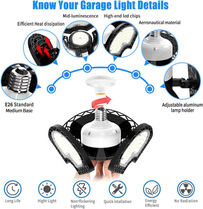 LED Garage Light 80W Deformable LED Ceiling Lights 12000 Lumens Led Shop Lights for Garage