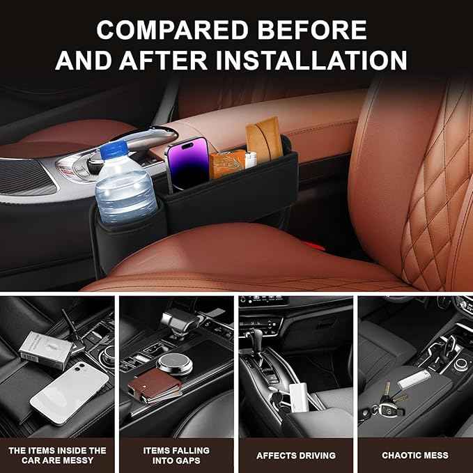 Car Seat Gap Filler Organizer for Tesla Model Y 2020-2025, Leather Seat Gap Storage Box with Cup Holder Phone Keys Glasses Cards Drinks Small Items Interior Accessories, Brown