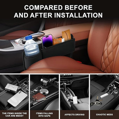Car Seat Gap Filler Organizer for Tesla Model 3 2017-2025, Leather Seat Gap Storage Box with Cup Holder Phone Keys Glasses Cards Drinks Small Items Interior Accessories, Brown