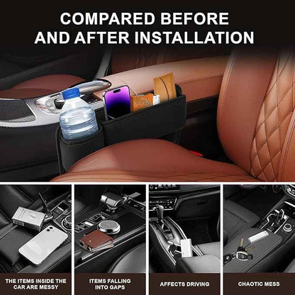 Car Seat Gap Filler Organizer for Tesla Model Y 2020-2025, Leather Seat Gap Storage Box with Cup Holder Phone Keys Glasses Cards Drinks Small Items Interior Accessories, Beige