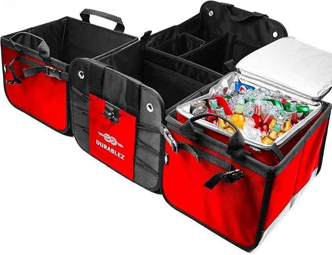 5-Section Trunk Organizer with Cooler – Extra Large Modular Car Storage System with Insulated Compartment, Foldable Multi-Module Cargo Organizer for Groceries & Travel – Red