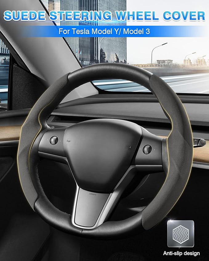 Shademax Custom-Fit for Tesla Steering Wheel Cover, Tesla Model Y / 3 2017-2025 2026 (Fit Model Y Juniper 2026/ Model 3 Highland) Suede Steering Wheel Cover Protector Model Y/ 3 Accessories (Gray)