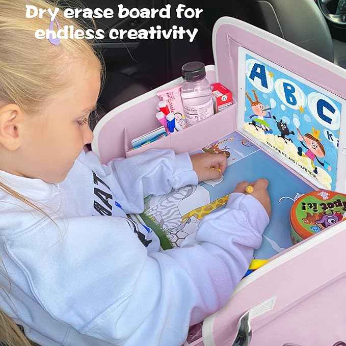 MENZOKE Kids Travel Tray for Toddler Car Seat, Toddler Gift for Girl Activities with Dry Erase Board & iPad Holder Stand,Road Trip Essentials Accessories Lap Tray for Girl as Birthday Gift,LightPurple