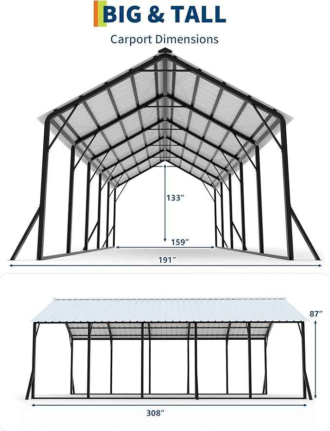 Garvee 13x26 ft Metal Carport Kit, 120° Steep-Pitch Vertical Roof for Snow Shedding, 133" High-Clearance RV & Boat Shelter, Heavy-Duty Long-Reach Car Port with Reinforced Frame