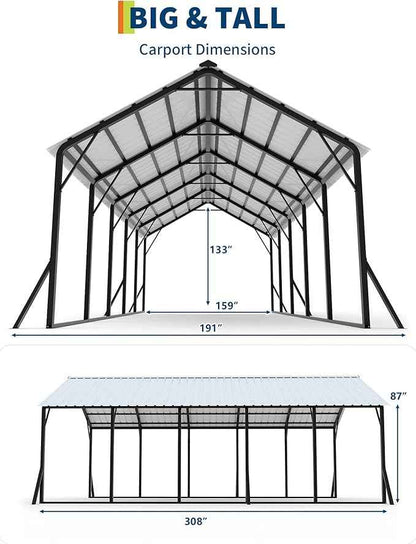 Garvee 13x26 ft Metal Carport Kit, 120° Steep-Pitch Vertical Roof for Snow Shedding, 133" High-Clearance RV & Boat Shelter, Heavy-Duty Long-Reach Car Port with Reinforced Frame