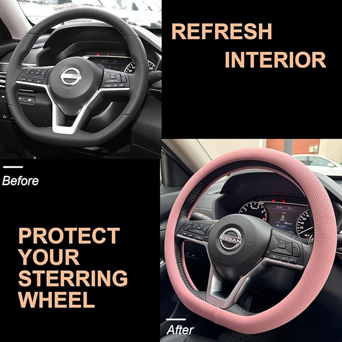 PINCTROT D Shaped Nappa Leather Steering Wheel Cover, Slim Fit No Bulk Design, One Piece Leather with Breathable Perforation, Fit Like Gloves, Flat Bottom 14.5-15 Inch(Nappa Pink)
