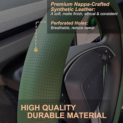 PINCTROT Nappa Leather Steering Wheel Cover for Tesla Model Y/3 Highland/Juniper, D Shaped 14 Inch Small Sized with Breathable Perforation, Fit Like Gloves, Flat Bottom 14 Inch(Nappa Green)