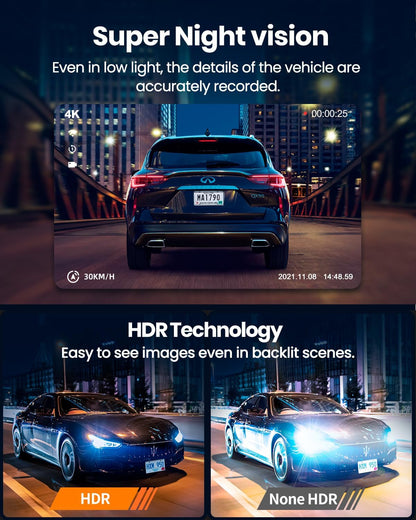 4K Dash Cam Front and Rear, Built-in WiFi GPS, 3.3"IPS Screen, HDR Night Vision Car Dash Camera, for App Control, G-Sensor, Loop Recording, Accident Record, Parking Monitor, Support 512GB Max