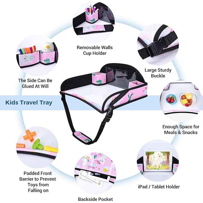 COOLBEBE Kids Travel Tray for Toddler Car Seat, Travel Tray for Airplane, Toddler Car Seat Lap Tray, Carseat Table Tray for Kids Travel Activities (Pink Alpaca)