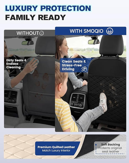 Seat Back Protectors for Kids, Car Kick Mats for Back of Front Seats with Large Pocket Organizer, Waterproof, Protects Against Dirt, Scuffs & Scratches, Fits Most Vehicles, 2PCS (Beige)