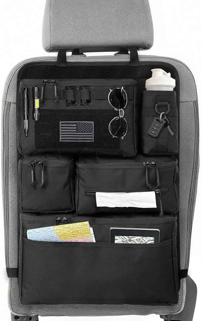 Tactical Seat Back Organizer - Heavy Duty MOLLE Panel Organizer with Multiple Pockets & Hook Loop Panel for EDC Gear, Road Trip Essentials, Universal Fit for Car SUV Truck Jeep Ford(Black)
